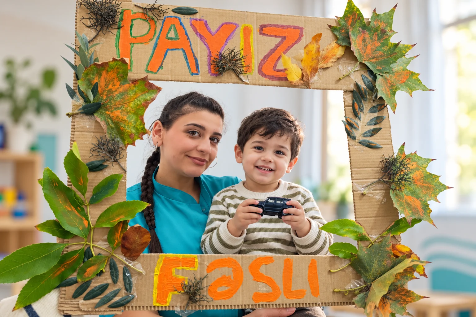Pedaqoq və gülümsəyən uşaq yarpaqlı payız çərçivəsində.