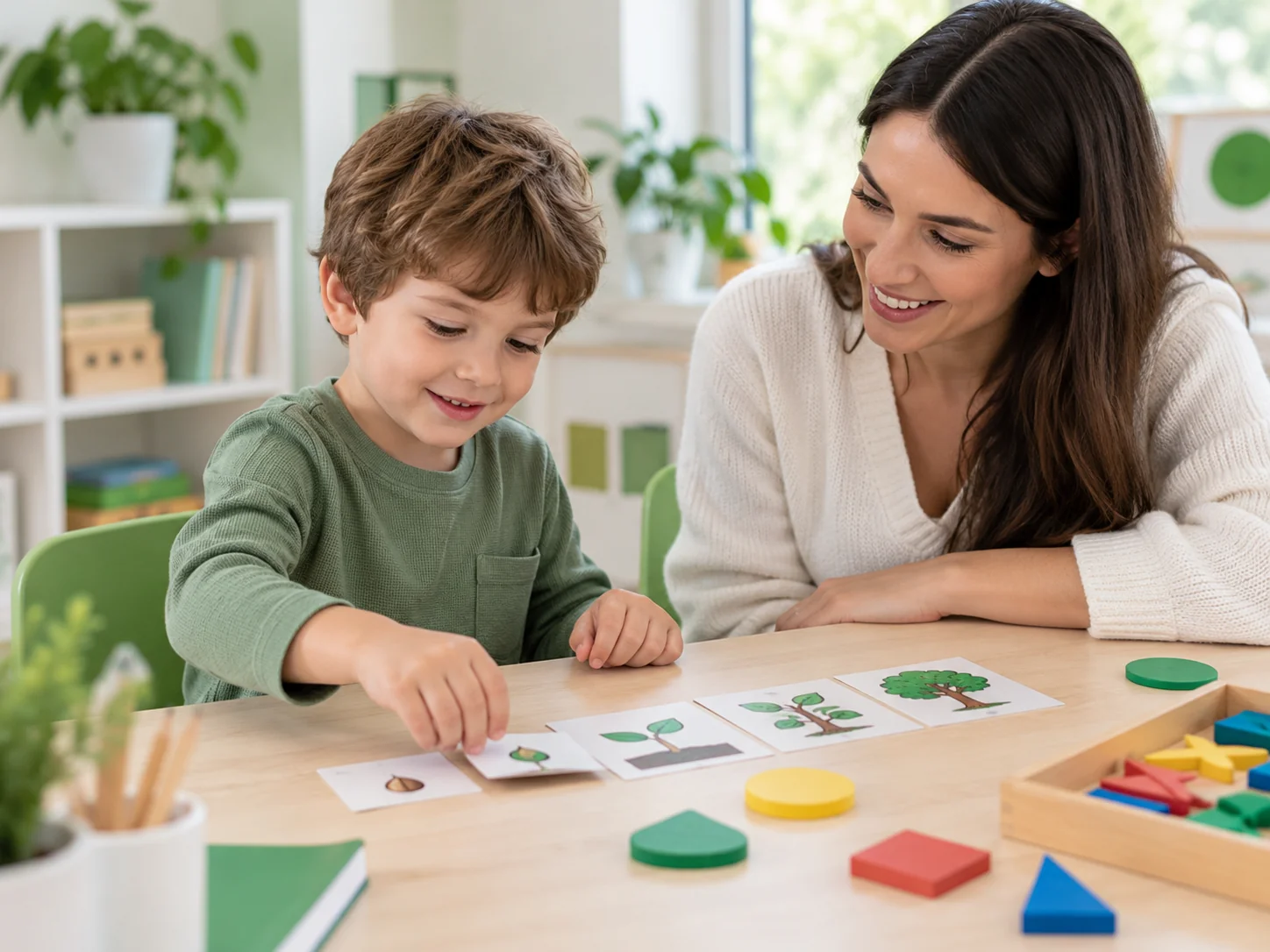 A child and specialist arrange colourful shapes in a sequence.